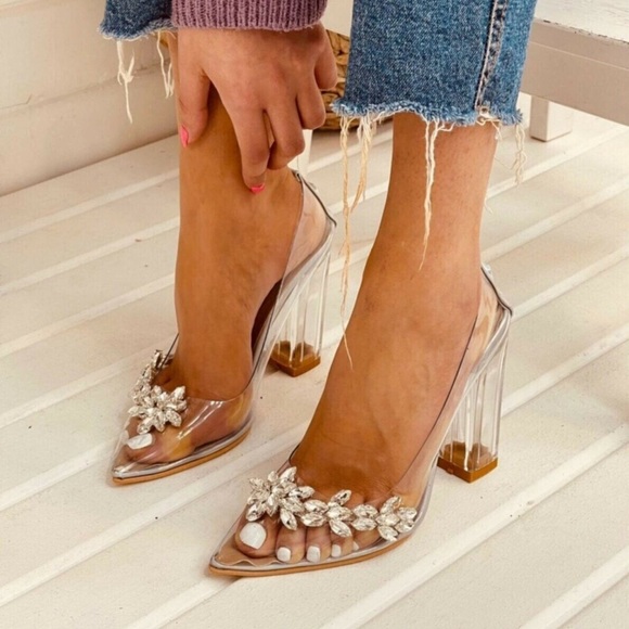 Embellished Vinyl Clear Heels - Picture 1 of 6